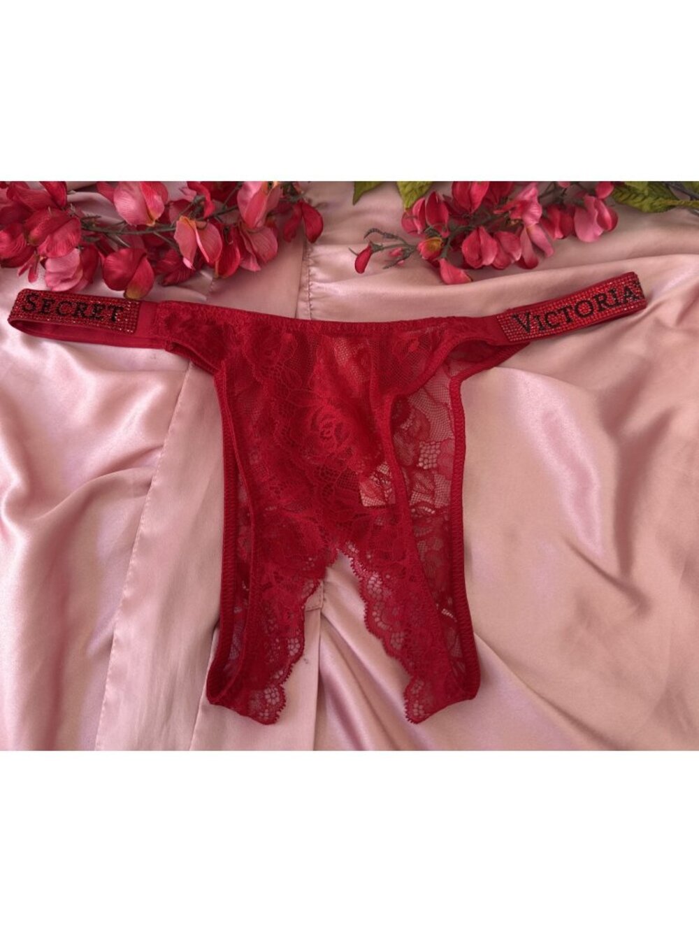 VICTORIA'S SECRET L RED RHINESTONE BLING STRAP CROTCHLESS BRAZILIAN PANTIES NWT